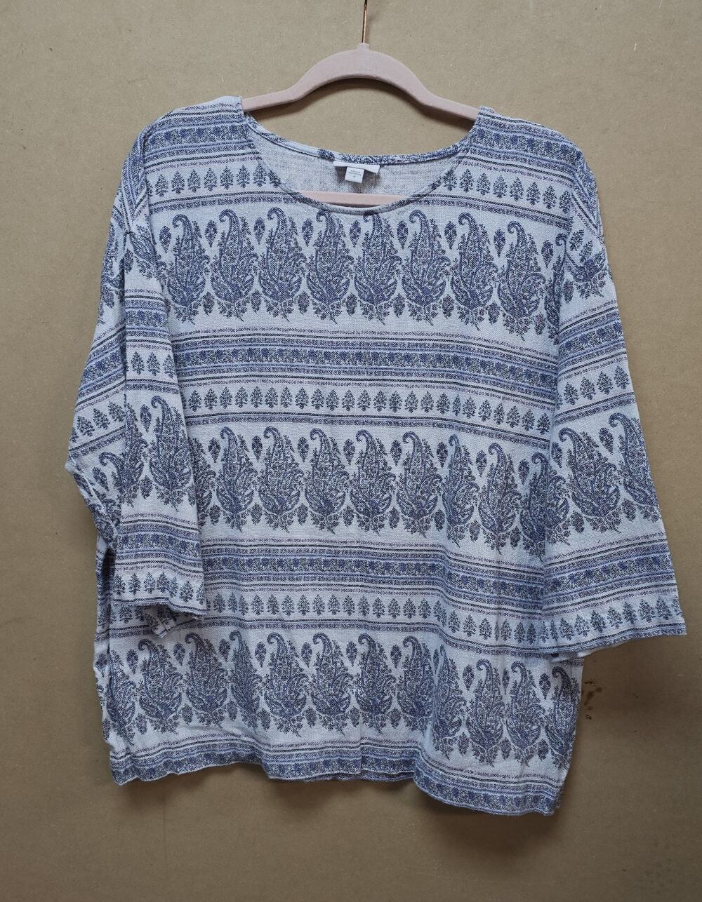 Pure Jill Top Womens Med Gray Paisley Hemp Cotton 3/4 Sleeves Pullover Boho